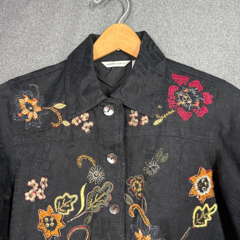 Floral Boho Embroidered Beaded Laura Ashley Womens Black Cotton Jacket Small